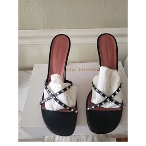 Amina Muaddi Black Heels with Crystal Straps